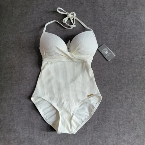 Vince Camuto Ivory Halter Wrap Front Molded Cups One Piece Women's Swims… - Picture 7 of 16